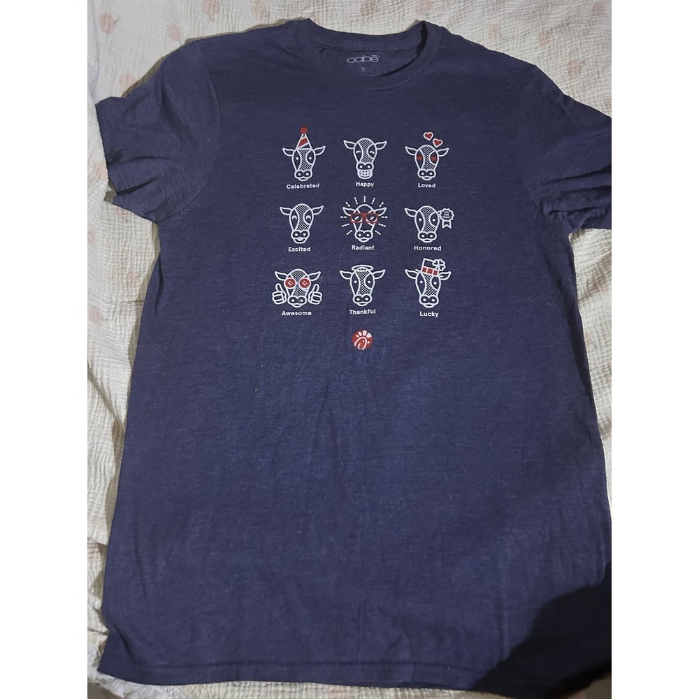 Chick Fil A Cow Graphic T Shirt Adidas Small Blue Employee Promo Funny Tee